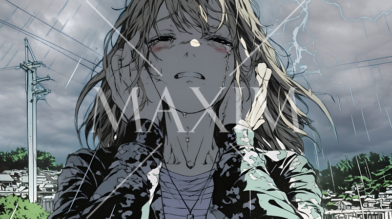 雷にひどく怯えている若い女性。