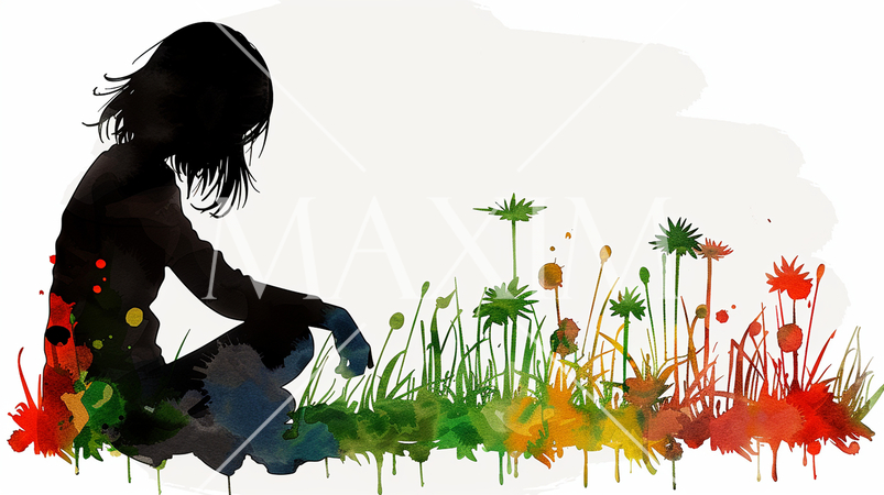 野原に座り静寂と孤独の中で内省と思索をしている少女