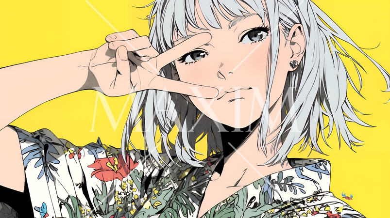 ピースサインをしている若い女性