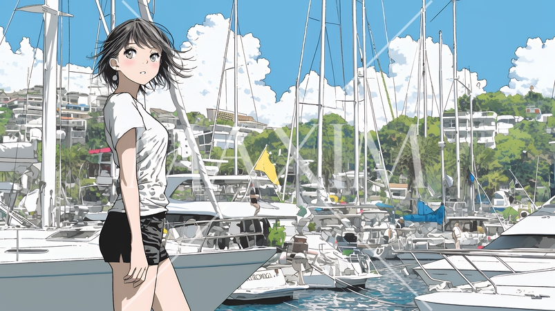 沖縄のヨットハーバーに立つ若い女性