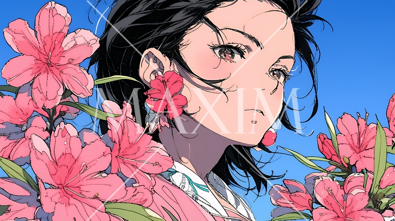 満開のツツジの花と若い女性