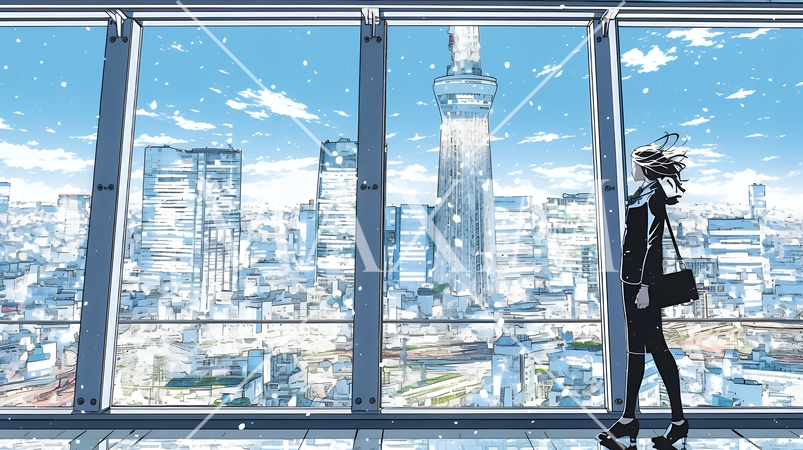 高層ビル群を見下ろすキャリア女性