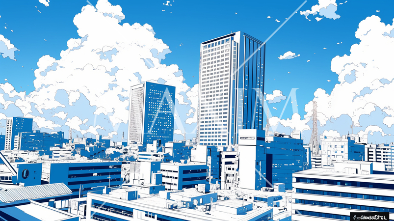 都市の町並みと夏の青空