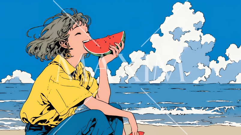 スイカを海辺て食べている若い女性