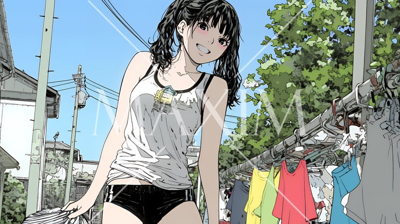 タンクトップを着て洗濯物を干す若い女性