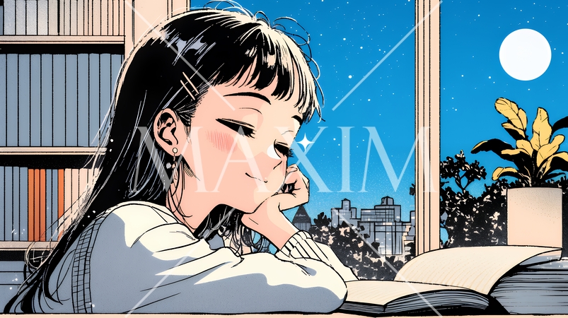 資料（本）を読みながら、うとうと眠ってしまう若い女性