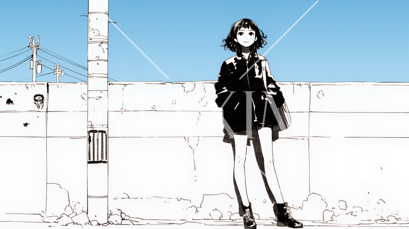 若い女性が佇む都市の街角（シンプルな色使い）