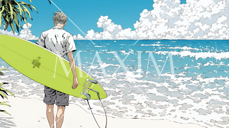 サーフボードを持ち海を見つめる若い男性｜ビーチ・リゾート・ライフスタイル・アウトドア