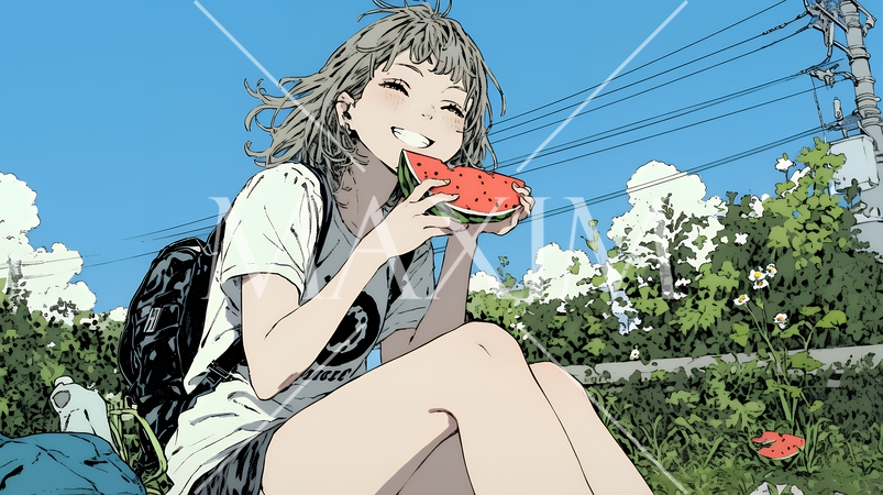 スイカを食べている若い女性