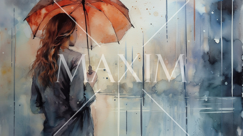 雨降りの街角に女性が傘をさしている風景：　水彩画