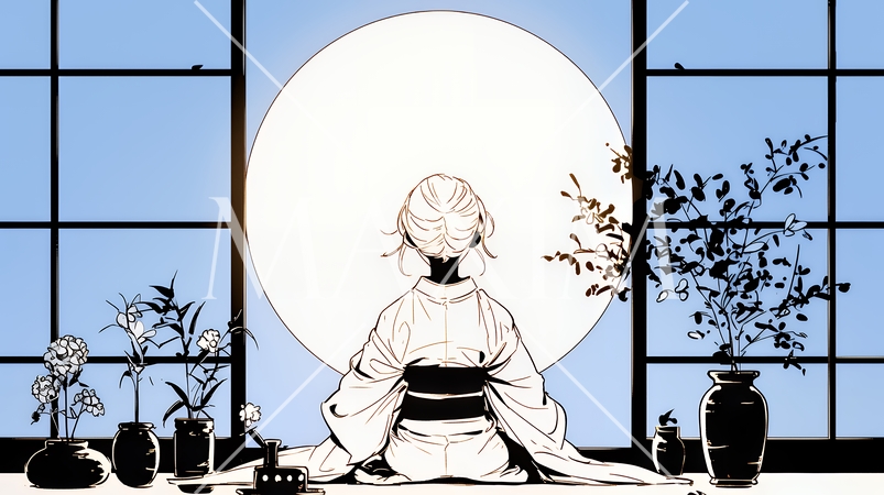 月見をしている和服姿の若い女性（シンプルな色使い）