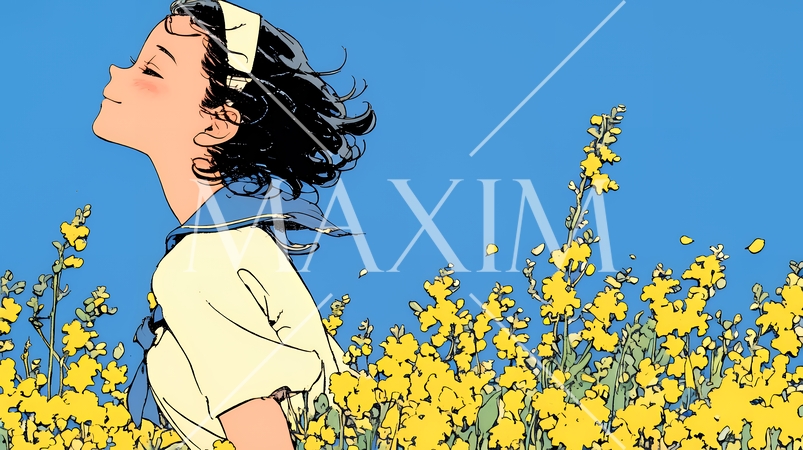 菜の花畑にいる若い女性