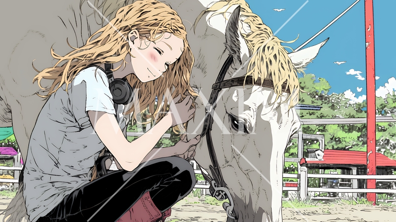 馬の世話をしている若い女性