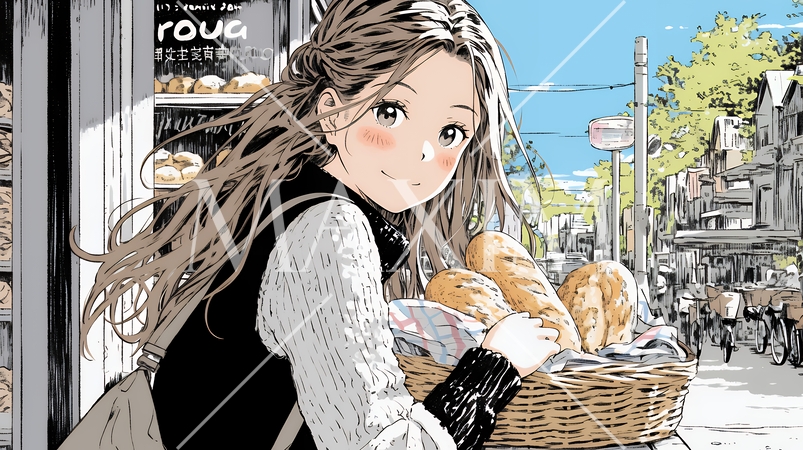 近所のパン屋で焼きたてパンを買う若い女性