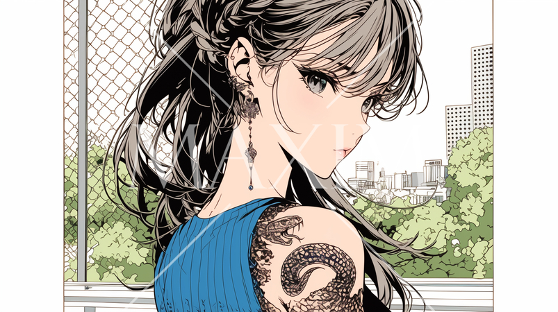 ヘビ柄の刺青を背中に入れた若い女性