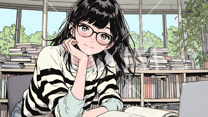 メガネっ娘：いつも勉強や読書やデスクワークをしている