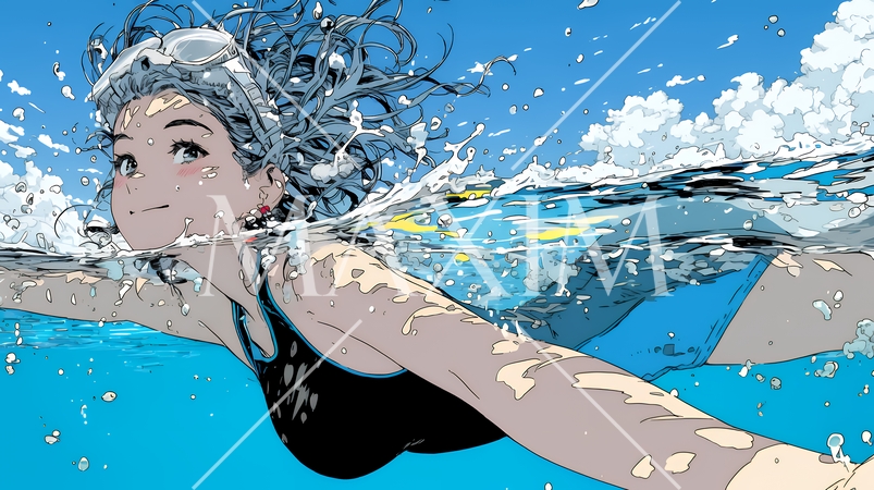 海で泳いでいる若い女性