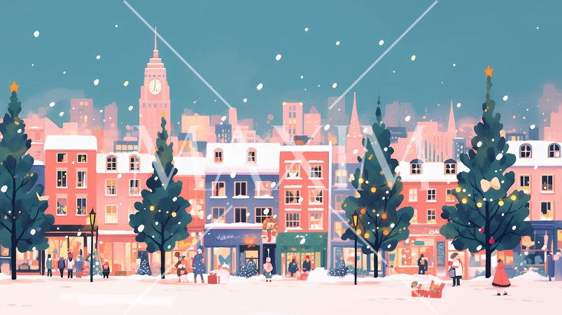 イルミネーションが彩るホワイトクリスマスの都会（ポップでキュートな表現）