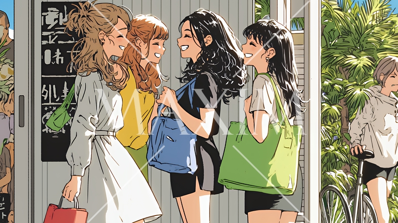 道端で会話を楽しむ若い主婦たち（ママ友たち）