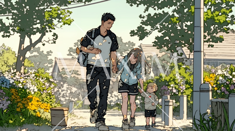 仲の良い家族：父親、母親、その子どもが仲良く連れ立って歩いている