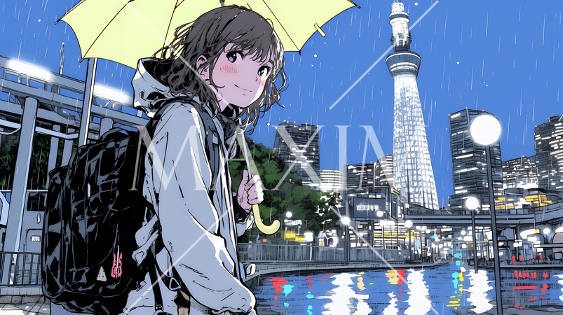 雨の中を歩く女性と都会のランドスケープ