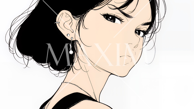 嫉妬の表情を浮かべる若い女性（シンプルな色使い）