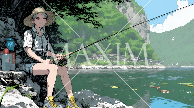 岸から魚釣りを楽しむ若い女性｜渓流・自然・アウトドア・ライフスタイル