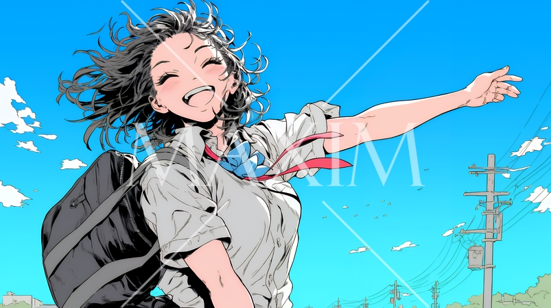 嬉しさのあまり飛び跳ねる制服姿の女子高生