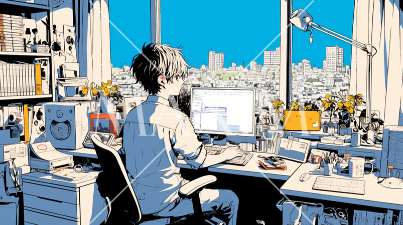 自宅でリモートワーク中の若い男性