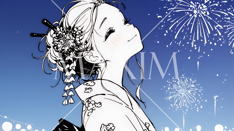 打ち上げ花火を見ている浴衣を着た若い女性（シンプルな色使い）