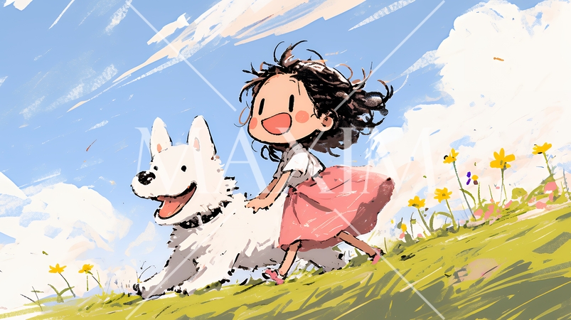 愛犬と散歩をしている女の子（クレヨン＋水彩画風）