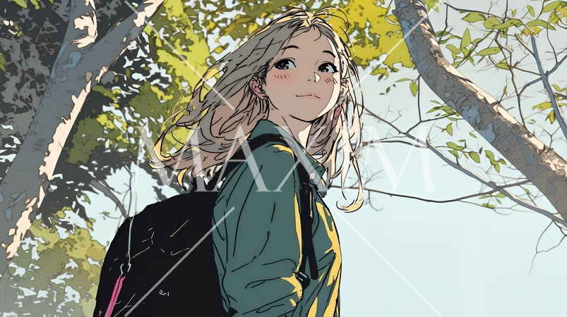 街の木々の紅葉と若い女性