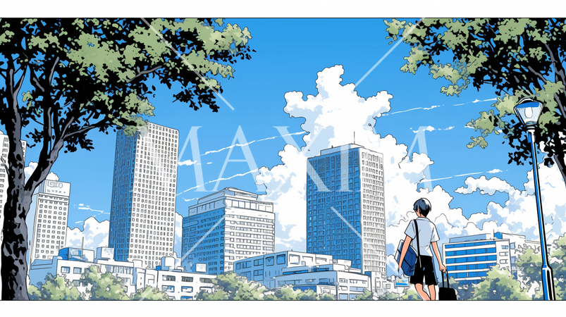 都市の町並みと夏の青空