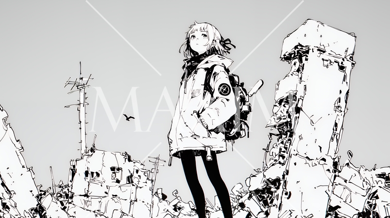 震災や空爆などで破壊された街で孤独に立ちすくむ若い女性（シンプルな色合い）