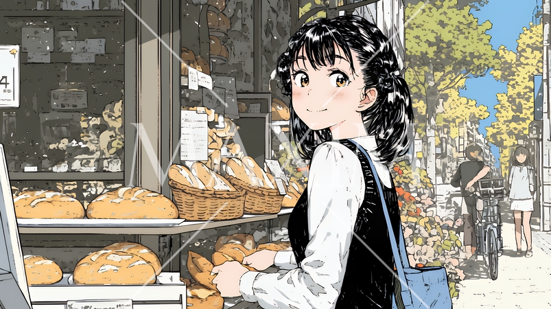 近所のパン屋で焼きたてパンを買う若い女性