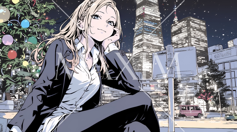 クリスマスイルミネーションが美しい街を散策する若い女性