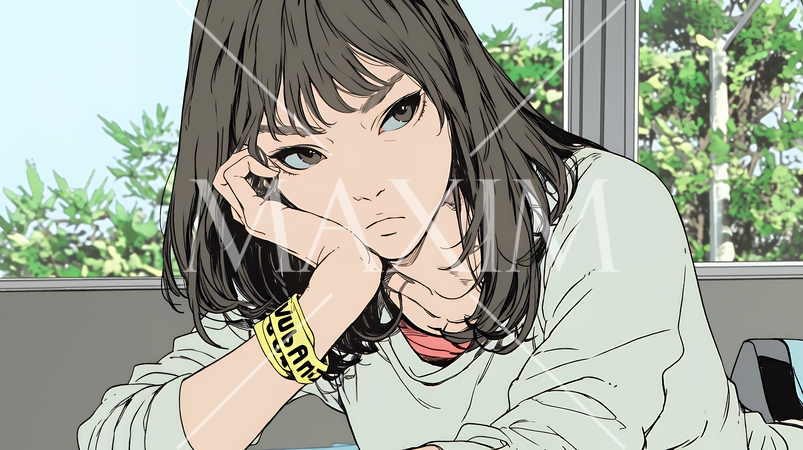 眉をひそめている女性：少し首を傾げて机に座っている