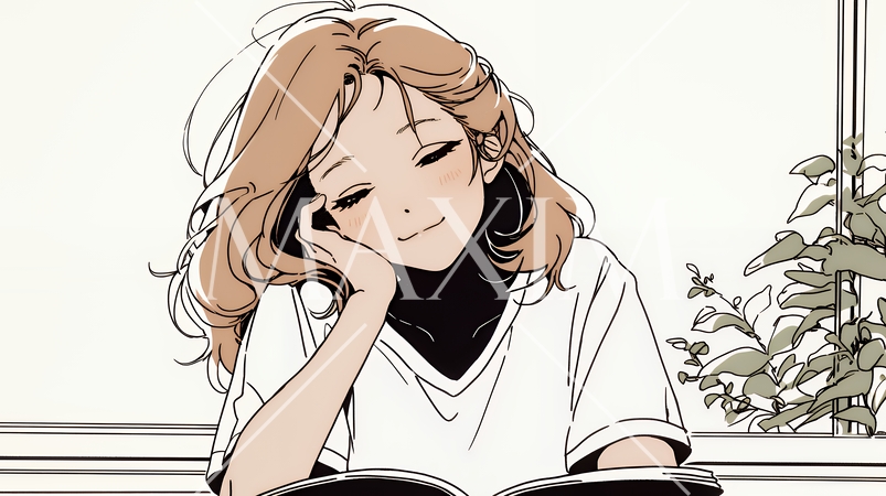 資料（本）を読みながら、うとうと眠ってしまう若い女性（シンプルな色使い）
