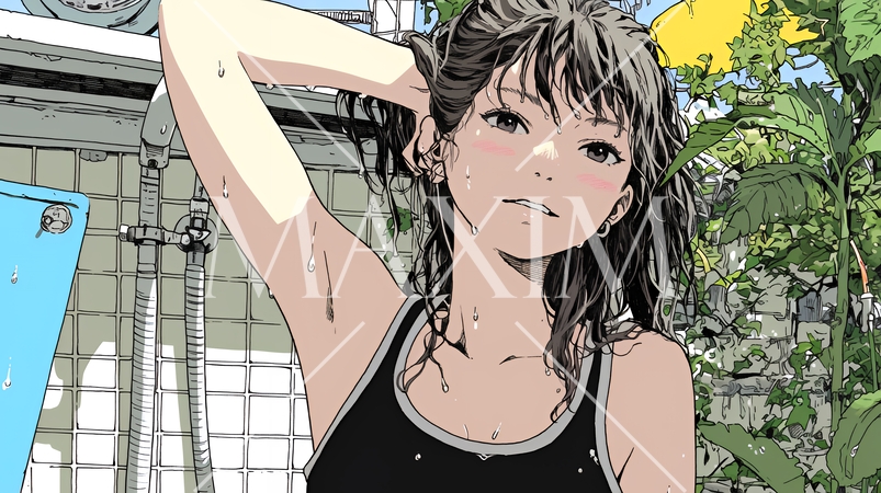 海水浴の後のシャワーを浴びている若い女性