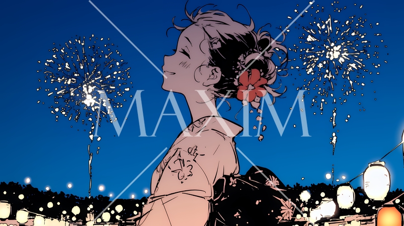 打ち上げ花火を見ている浴衣を着た若い女性（シンプルな色使い）