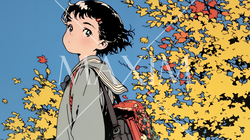 紅葉の小径を歩く少女