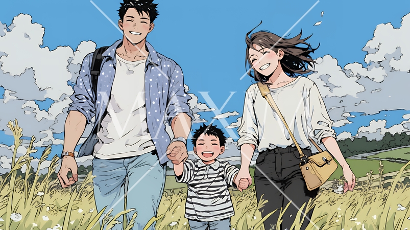 仲の良い家族：父親、母親、その子どもが仲良く連れ立って歩いている