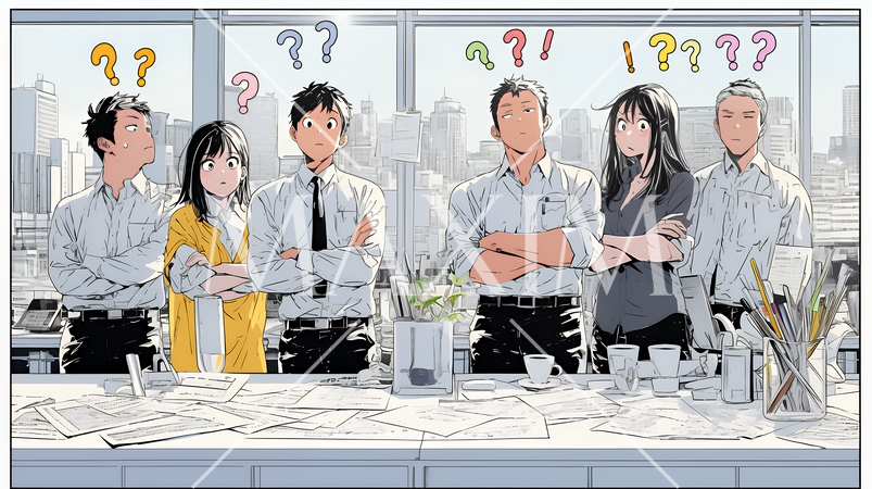 数人のビジネスパーソンが腕組みをして疑問を抱いた顔をしている