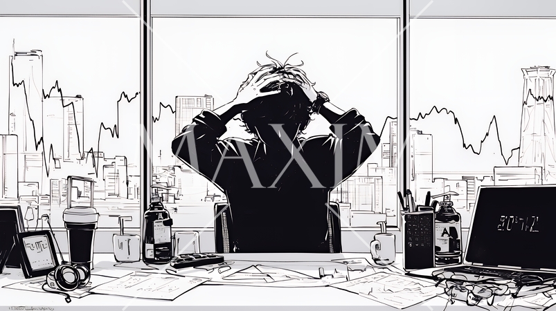 金融市場の急激な変動で頭を抱えている男性（シンプルな色使い）