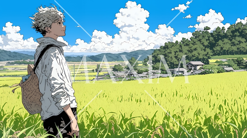 田んぼで農作業をしている男性