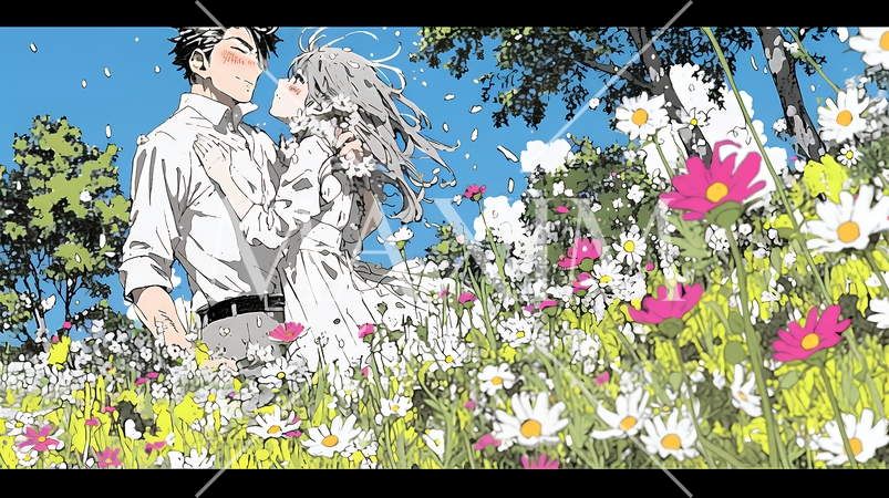 コスモス畑でデートをしている若いカップル