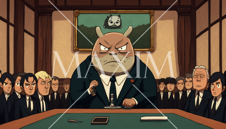 憎まれっ子世にはばかる：見るからに憎々しげな変な動物人間が人の上に立っている様子に仕立てました。