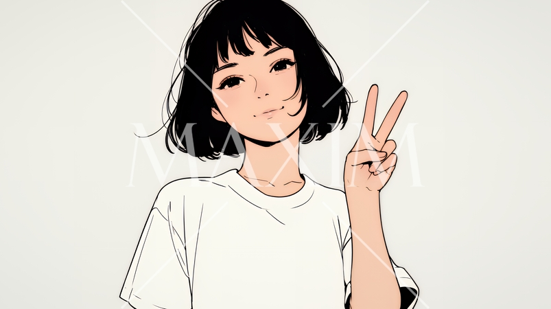 笑顔でピースサインを見せる若い女性（シンプルな色使い）