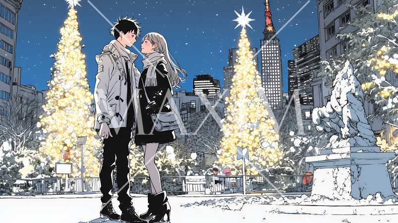 クリスマスイルミネーションの街でデートしているカップル