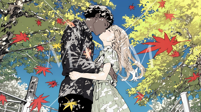 秋の紅葉の下でキスをしている若い恋人たち